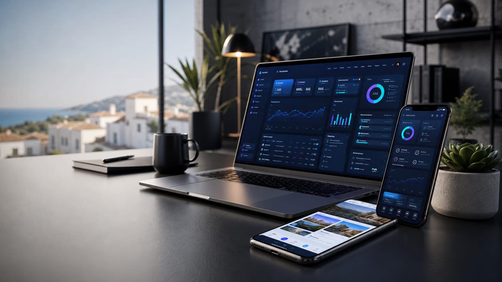 Premium web, app and dashboard mockups inside laptop and phone screens